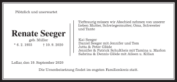 Traueranzeige von Renate Seeger von Giessener Allgemeine, Alsfelder Allgemeine