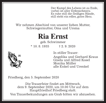 Traueranzeige von Ria Ernst von Wetterauer Zeitung