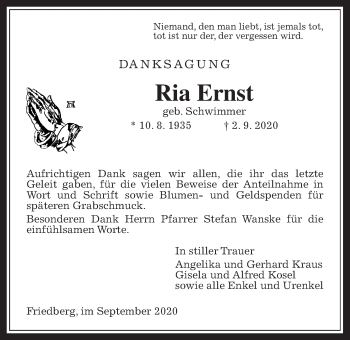 Traueranzeige von Ria Ernst von Wetterauer Zeitung