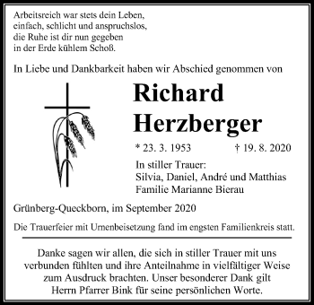 Traueranzeige von Richard Herzberger von Giessener Allgemeine, Alsfelder Allgemeine