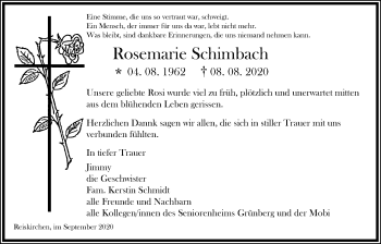 Traueranzeige von Rosemarie Schimbach von Licher Wochenblatt