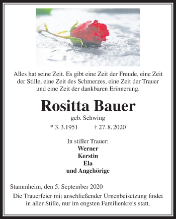 Traueranzeige von Rositta Bauer von Wetterauer Zeitung