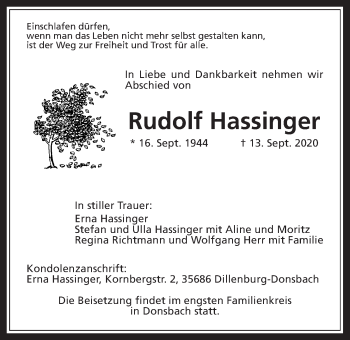 Traueranzeige von Rudolf Hassinger von Giessener Allgemeine, Alsfelder Allgemeine