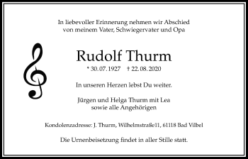 Traueranzeige von Rudolf Thurm von Bad Vilbel/Karben