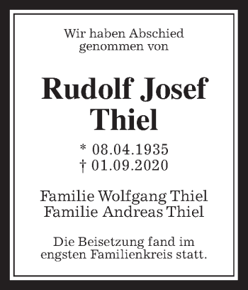 Traueranzeige von Rudolf Josef Thiel von Giessener Allgemeine, Alsfelder Allgemeine