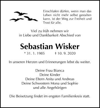 Traueranzeige von Sebastian Wisker von Giessener Allgemeine, Alsfelder Allgemeine