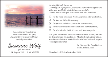 Traueranzeige von Susanne Wolf von Wetterauer Zeitung