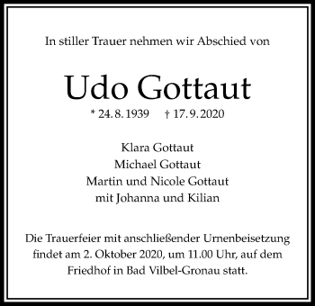 Traueranzeige von Udo Gottaut von Bad Vilbel/Karben