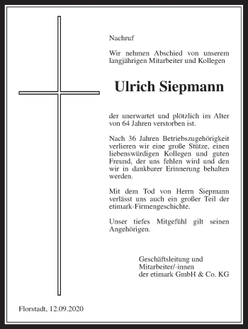 Traueranzeige von Ulrich Siepmann von Wetterauer Zeitung