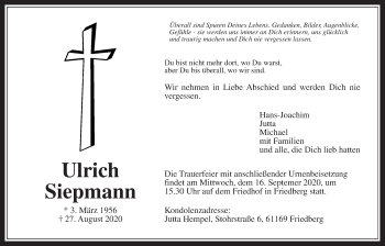 Traueranzeige von Ulrich Siepmann von Wetterauer Zeitung
