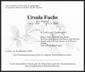 Traueranzeige von Ursula Fuchs von Giessener Allgemeine, Alsfelder Allgemeine