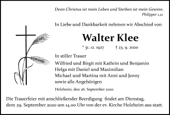 Traueranzeige von Walter Klee von Giessener Allgemeine, Alsfelder Allgemeine