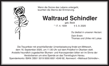 Traueranzeige von Waltraud Schindler von Wetterauer Zeitung