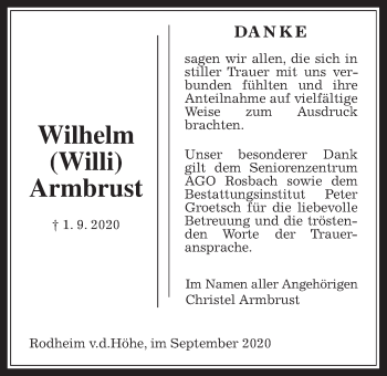 Traueranzeige von Wilhelm Armbrust von Wetterauer Zeitung