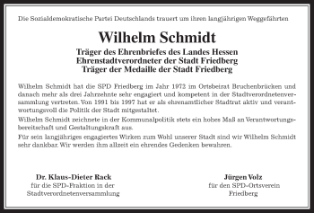 Traueranzeige von Wilhelm Schmidt von Wetterauer Zeitung