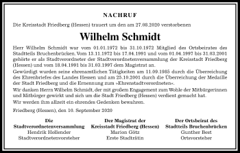 Traueranzeige von Wilhelm Schmidt von Wetterauer Zeitung