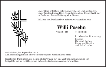 Traueranzeige von Willi Posehn von Giessener Allgemeine, Alsfelder Allgemeine