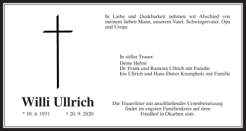Traueranzeige von Willi Ullrich von Wetterauer Zeitung