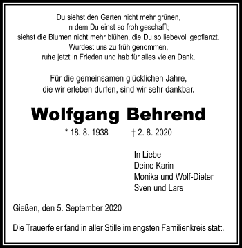 Traueranzeige von Wolfgang Behrend von Giessener Allgemeine, Alsfelder Allgemeine