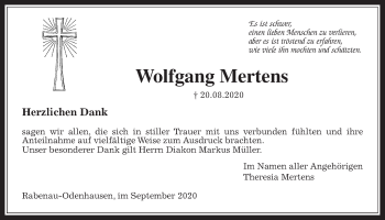 Traueranzeige von Wolfgang Mertens von Giessener Allgemeine, Alsfelder Allgemeine
