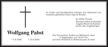 Traueranzeige von Wolfgang Pabst von Wetterauer Zeitung, Giessener Allgemeine, Alsfelder Allgemeine