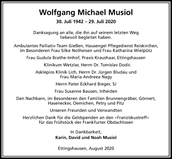 Traueranzeige von Wolfgang Michael Musiol von Licher Wochenblatt