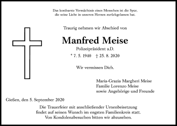 Traueranzeige von nfred Meise von Giessener Allgemeine, Alsfelder Allgemeine
