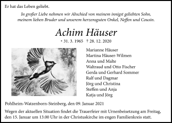 Traueranzeige von Achim Häuser von Giessener Allgemeine, Alsfelder Allgemeine