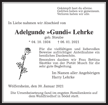 Traueranzeige von Adelgunde Lehrke von Wetterauer Zeitung