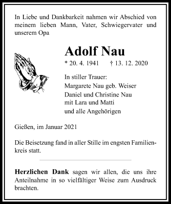 Traueranzeige von Adolf Nau von Giessener Allgemeine, Alsfelder Allgemeine