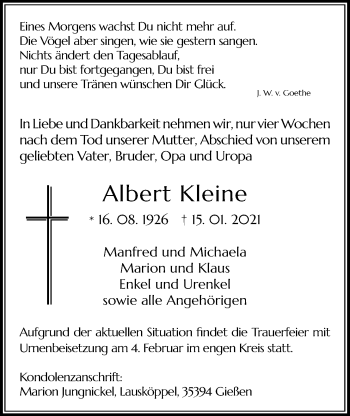 Traueranzeige von Albert Kleine von Giessener Allgemeine, Alsfelder Allgemeine
