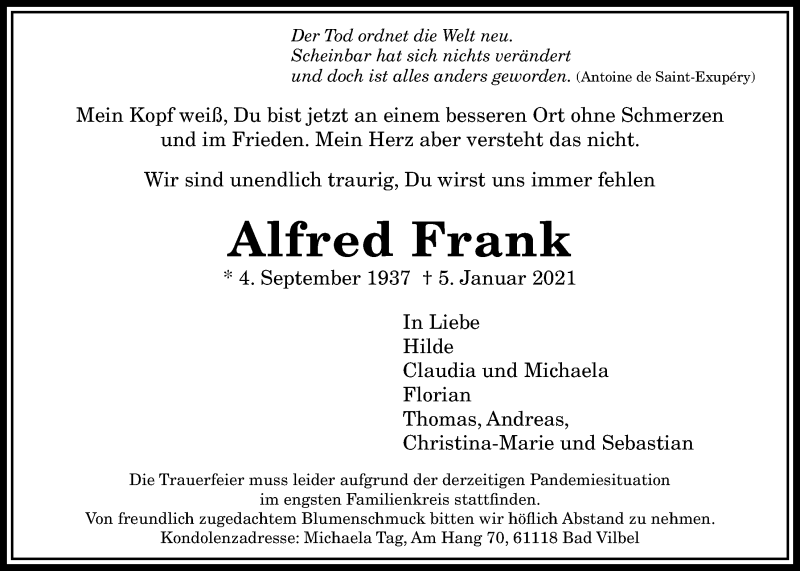  Traueranzeige für Alfred Frank vom 14.01.2021 aus Bad Vilbel/Karben