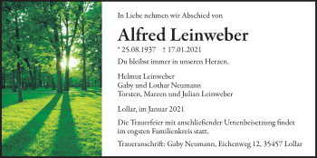 Traueranzeige von Alfred Leinweber von Giessener Allgemeine, Alsfelder Allgemeine