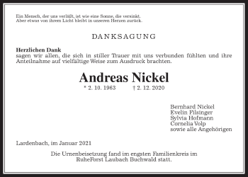 Traueranzeige von Andreas Nickel von Giessener Allgemeine, Alsfelder Allgemeine