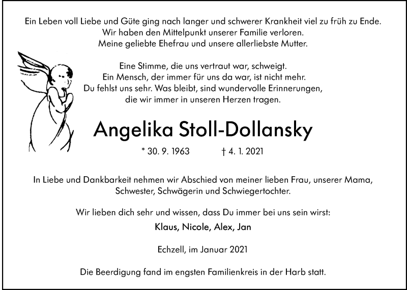  Traueranzeige für Angelika Stoll-Dollansky vom 09.01.2021 aus Wetterauer Zeitung