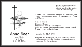 Traueranzeige von Anna Beer von Wetterauer Zeitung