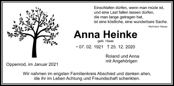 Traueranzeige von Anna Heinke von Giessener Allgemeine, Alsfelder Allgemeine