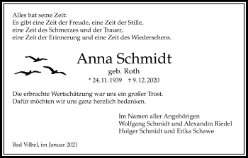 Traueranzeige von Anna Schmidt von Bad Vilbel/Karben