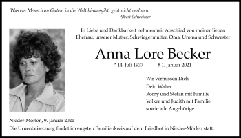 Traueranzeige von Anna Lore Becker von Wetterauer Zeitung