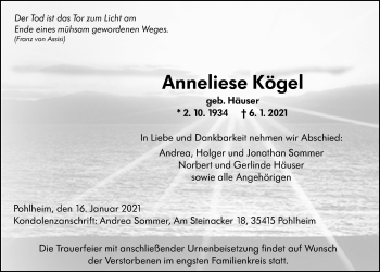 Traueranzeige von Anneliese Kögel von Giessener Allgemeine, Alsfelder Allgemeine