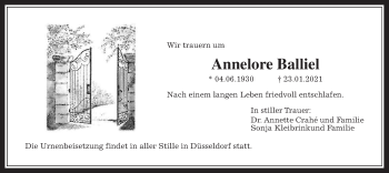 Traueranzeige von Annelore Balliel von Wetterauer Zeitung, Giessener Allgemeine, Alsfelder Allgemeine