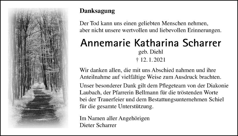  Traueranzeige für Annemarie Katharina Scharrer vom 21.01.2021 aus Licher Wochenblatt