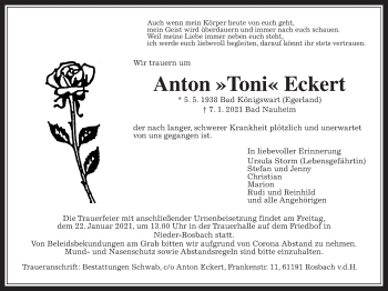 Traueranzeige von Anton Eckert von Wetterauer Zeitung