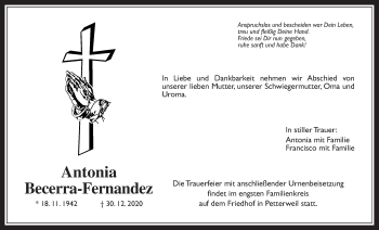 Traueranzeige von Antonia Becerra-Fernandez von Wetterauer Zeitung