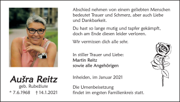 Traueranzeige von Ausra Reitz von Licher Wochenblatt