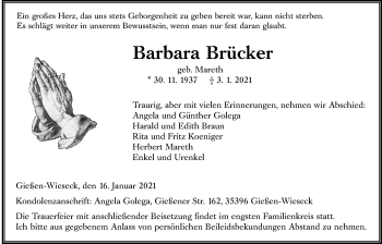 Traueranzeige von Barbara Brücker von Giessener Allgemeine, Alsfelder Allgemeine
