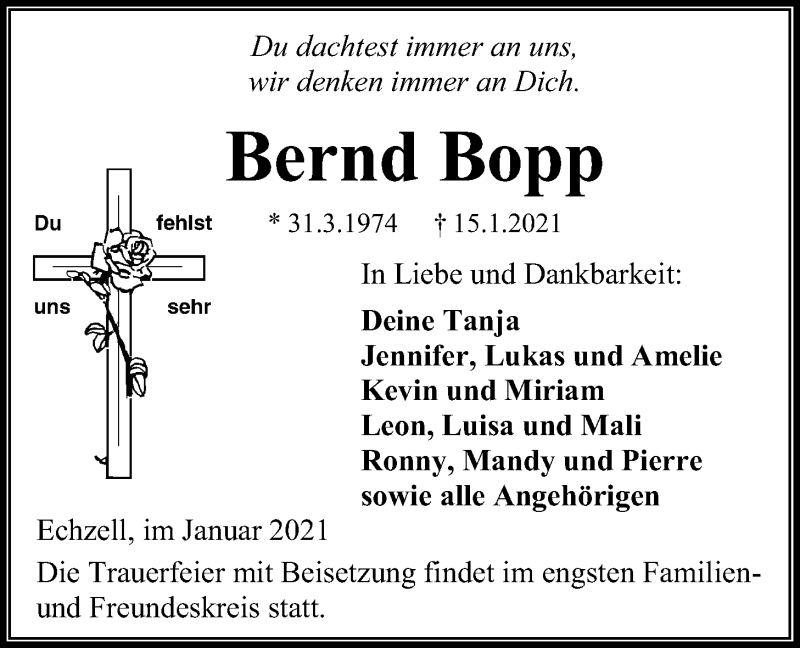  Traueranzeige für Bernd Bopp vom 23.01.2021 aus Wetterauer Zeitung