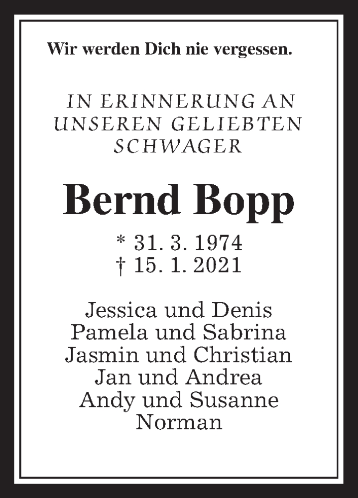  Traueranzeige für Bernd Bopp vom 23.01.2021 aus Wetterauer Zeitung