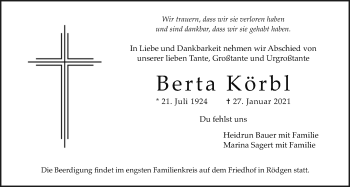 Traueranzeige von Berta Körbl von Wetterauer Zeitung