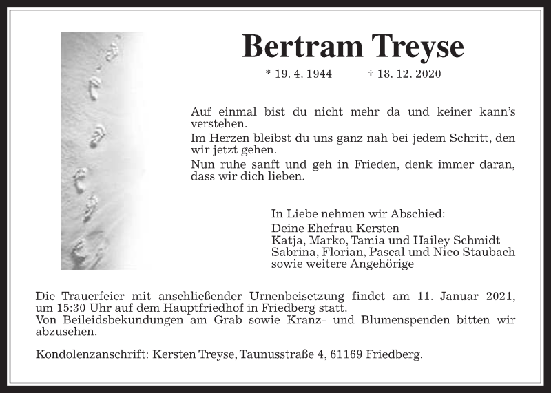  Traueranzeige für Bertram Treyse vom 09.01.2021 aus Wetterauer Zeitung